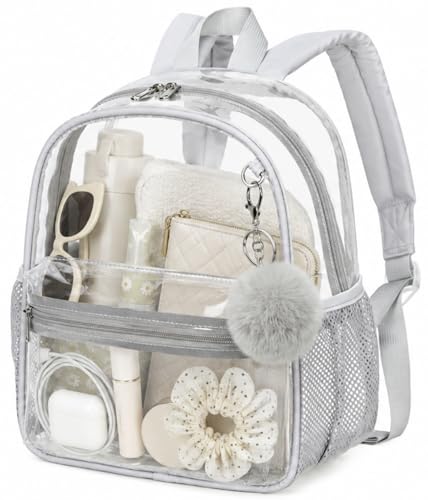 BTOOP Clear Mini Backpack for Stadium Events 12x12x6 Small Transparent Backpacks Plastic See Through Clear Bag for Concerts Work Festival Security Travel Gray - color: Gray With Pom-pom Keychain, size: 12'' H-Mini