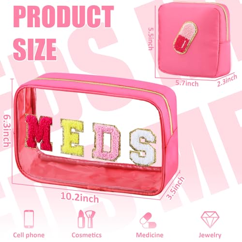 BuyCard 2 Pcs Medicine Bag Chenille Letter Preppy Clear Makeup Meds Bag for Travel - Nylon & PVC Transparent Cosmetic Toiletry Storage Pouch for Women Girls - Rose Red - color: MEDS-Rose Red, style: 2 Pcs-clear
