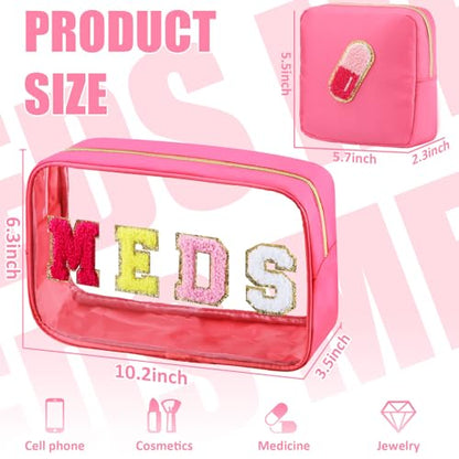 BuyCard 2 Pcs Medicine Bag Chenille Letter Preppy Clear Makeup Meds Bag for Travel - Nylon & PVC Transparent Cosmetic Toiletry Storage Pouch for Women Girls - Rose Red - color: MEDS-Rose Red, style: 2 Pcs-clear