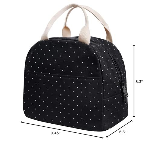 EurCross Upgraded Compact Black Lunch Bag for Girls Women,Canvas Reusable Insulated Polka Dot Lunch Tote Box Bag for Work School - color: Black Polka Dot