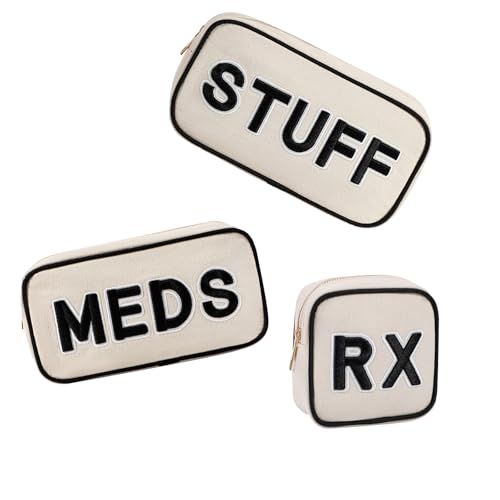 RSRSLEII 3Pcs Canvas Rx MEDS STUFF Packages, Cute Chenille Letter Patch Drug Makeup Bag with Metal Zipper, Mini Travel First Aid Purse Organizer Machine Washable (3Pcs Bags) - color: 3Pcs Bags