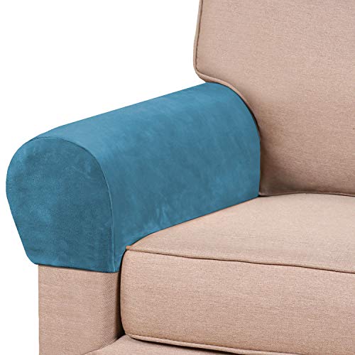 PrinceDeco 2 Pack Thick Velvet Stretch Armrest Covers for Chairs and Sofas, Non Slip, Blue - color: Blue