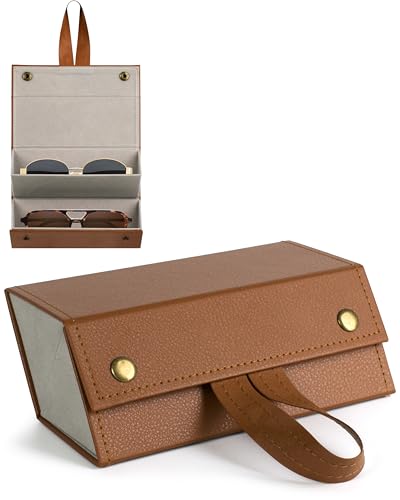 Sunglasses Travel Case, Foldable Eyeglasses Case, Portable Multiple Glasses Case for Women Men Girls - color: Brown&2slot