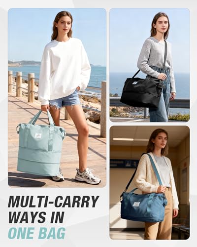 Expandable Travel Duffle Bag for Women Men, Large Gym Bag Travel Tote Bags, Waterproof Carry On Personal Item Bag Airline Approved, Overnight Workout Weekender Bag with Luggage Sleeve, Light Blue - color: C- Light Blue