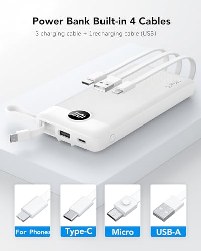 VRURC Portable Charger Built in Cables, Slim Power Bank 10000mAh, Multi Devices Charging Bank with Lanyard, USB C Battery Pack 5 Outputs for for All Cell Phones Devices, Samsung,Android-White(1 Pack) - color: White