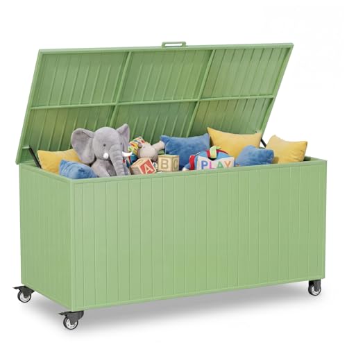 Outdoor Storage Box with Wheels 250 Gallon, Metal Deck Boxes Waterproof, UV Resistant Patio Storage Box with Lid for Patio Furniture, Garden Tools (Green) - color: Green, size: 250 Gallon