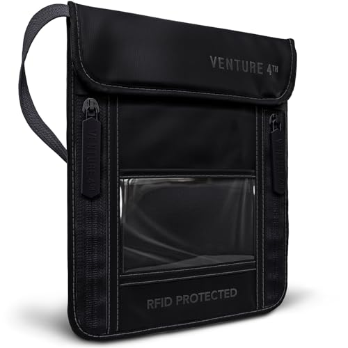 VENTURE 4TH Neck Wallet for Women & Men – RFID Blocking Passport Holder for Travel, Hidden Neck Pouch with 6 Compartments, Slim Lightweight Travel Organizer with Adjustable Strap (Sleek Black) - color: Sleek Black