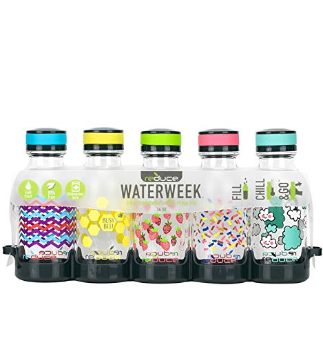 REDUCE WaterWeek Refillable Water Bottles, 14 oz - Includes 5 WaterWeek Leak Proof Tritan Reusable Water Bottles - Includes Fridge Tray - Berry Fun - color: Berry Fun, size: 14 Ounces