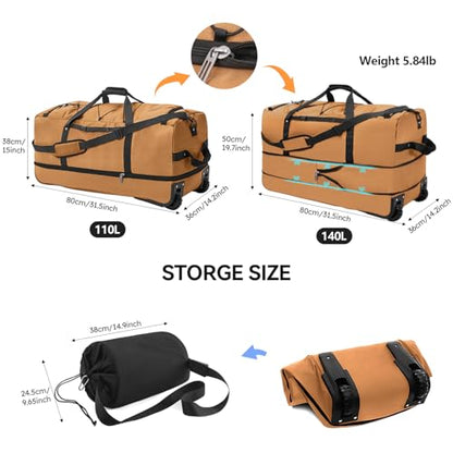 Bagenerous 110L/140L Expandable Soft-Sided Foldable Duffle Bag with 2 Rubber Wheels,Packable 32” Rolling Carry-On with Multi-Pockets & Compartments,Coffee - color: Coffee