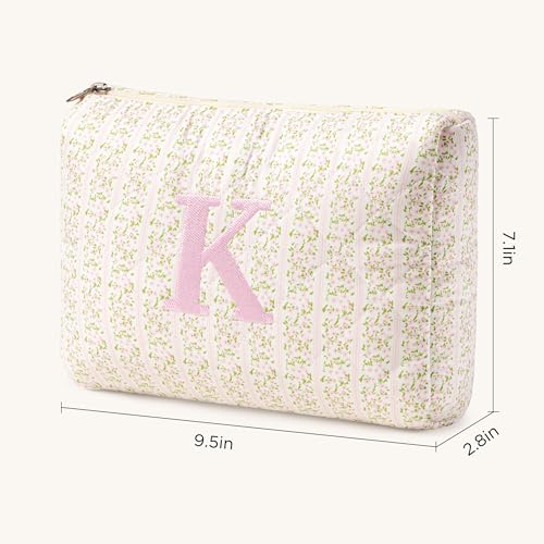 HBselect Initial Quilted Makeup Bag, Pink Cosmetic Travel Toiletry Bag, Flowers Coquette Zipper Make Up Pouch Organizer Teen Girl Gift Trendy Stuff K - color: 1Pc Medium Pinkflower, style: K