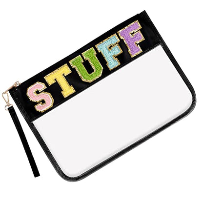 Iqimott Chenille Letter Clear Bag Stuff Pouch, Monogram PVC & PU Makeup Cosmetic Bag Zipper Toiletry Pouch, Waterproof Portable Purse Travel Beach Snack Wristlet Bags for Women Girls(Stuff, Black) - color: Stuff-Black