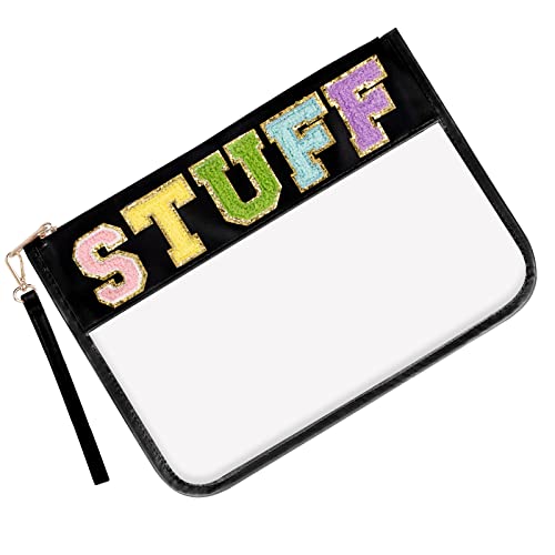 Iqimott Chenille Letter Clear Bag Stuff Pouch, Monogram PVC & PU Makeup Cosmetic Bag Zipper Toiletry Pouch, Waterproof Portable Purse Travel Beach Snack Wristlet Bags for Women Girls(Stuff, Black) - color: Stuff-Black