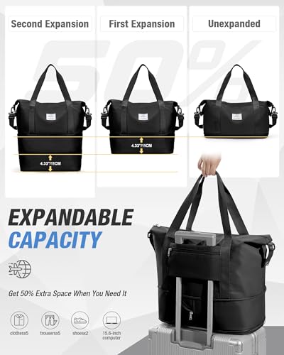 Expandable Travel Duffle Bag for Women Men, Large Gym Bag Travel Tote Bags, Waterproof Carry On Personal Item Bag Airline Approved, Workout Weekender Bag for Overnight Trips with Luggage Sleeve, Black - color: C-Black