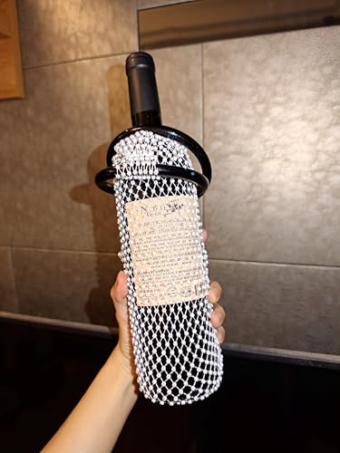 Munyee Hua Rhinestone Jeweled Bottle Wine Bag Reusable Tote Carrier Crystal Mesh Evening Purse with Ring Handle Gift Bags Carrier for Birthday Picnic Party Wedding (Black Handle White Rhinestone) - color: Black Handle White Rhinestone