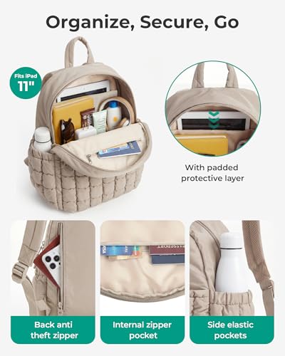 BAGSMART Mini Backpacks for Women, Puffy Checkered Quilted Small Backpack with Pouch, Lightweight Daypack Purse, Water-Resistant Bookbag for Daily Travel College, 2-in-1 Set, Brown - color: Latte Brown