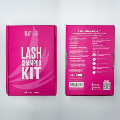 STACY LASH Lash Shampoo 100ml Kit Korean Makeup Remover/Foaming Cleanser with Eye Lash Spoolies & Rinse Bottle & Cleansing Pad & Brush for Eyelash Extensions & Clusters & Natural Eyelashes - color: Shampoo Kit