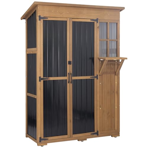 Ketive Outdoor Storage Cabinet, Large Wood & Metal Garden Shed with Foldable Table, Weather-Resistant Asphalt Roof, Lockable Doors & Adjustable Feet for Patio, Backyard, or Garage (47"L x 20"W x 70"H) - color: Black, size: 47" x 20" x 70"