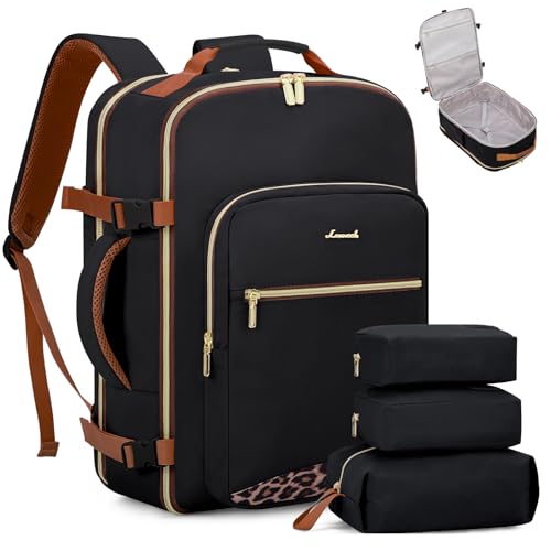 LOVEVOOK 50L Travel Backpack Flight Approved Carry on Backpack,3 Packing Cubes,Waterproof Personal Item Travel Bag,TSA Carry on Luggage Suitcase Travel Essentials,Gifts for Women & Men,fits 18" Laptop - color: Black-leopard Print, size: X-Large-50L-4Pcs