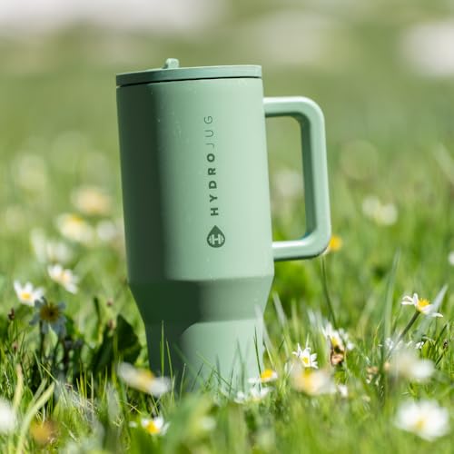 HydroJug Traveler - 40 oz Water Bottle with Handle & Flip Straw - Fits in Cup Holder, Leak Resistant Tumbler-Reusable Insulated Stainless Steel & Rubber Base - Gifts for Women & Men, Sage - color: Sage, size: 40oz