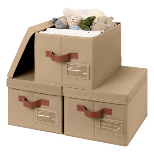 GRANNY SAYS Storage Basket with Lid, Linen Fabric Storage Bins with Label, Decorative Storage Boxes, Clothes Storage and Organization, Memory Keepsake Box, 3-Pack, Brown - color: Brown, size: Medium