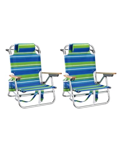 2 Pack Backpack Beach Chairs for Adults Capacity 300 LBS Low 5 Position Beach Chair with Pouch Straps Folding Lightweight Reclining Aluminum Wide Lay Flat Single - color: 10in Wood Light Green Stripes 2 Pack