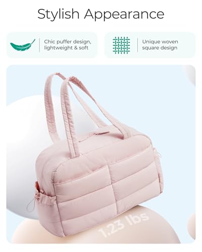 BAGSMART Gym Bag for Women, Lightweight Puffer Duffle Bag 2-PC Travel Bag, 31L Weekender Overnight Bag Quilted Carry On Tote Bag, Diaper Hospital Dance Bag for Travel, Gym, Water Resistant, Pink - color: Baby Pink