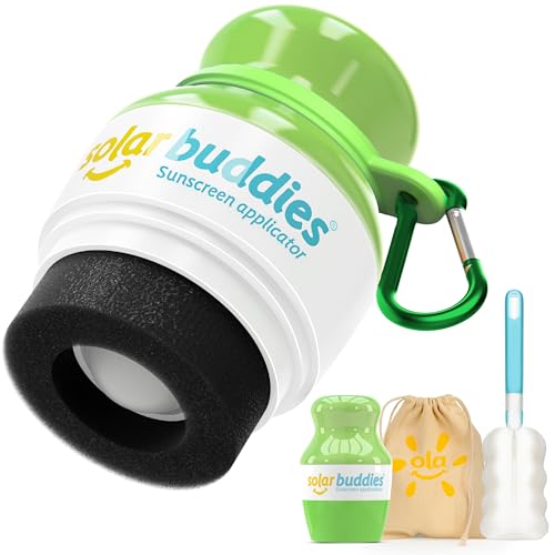Solar Buddies Grab & Go Travel Bundle, Carabina Clip & Cleaning Brush - Single Full Green - Refillable Roll on Sponge Sunscreen, Suncream & Lotion Applicator For Kids, Adults & Families - Holds 100ml - color: Full Green Single
