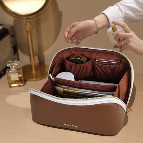 Prite Makeup Bag for Women Travel Waterproof Vegan Leather Cosmetic Bag Open Flat Toiletry Bag With Clear Divider and Handle (Dark Brown, Medium) - color: Dark Brown, size: Medium