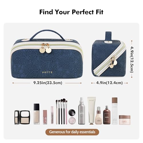 Prite Makeup Bag for Women Travel Waterproof Vegan Leather Cosmetic Bag Open Flat Toiletry Bag With Clear Divider and Handle (Blue Flower, Medium) - color: Blue Flower, size: Medium