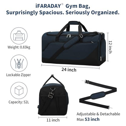 iFARADAY Men's Duffle Bag with Shoes Compartment, 24 inch, Navy Blue | 52L, Multi Pockets, Gym Sport Duffle Bag, Travel, Fitness & Workout - color: Navy Blue