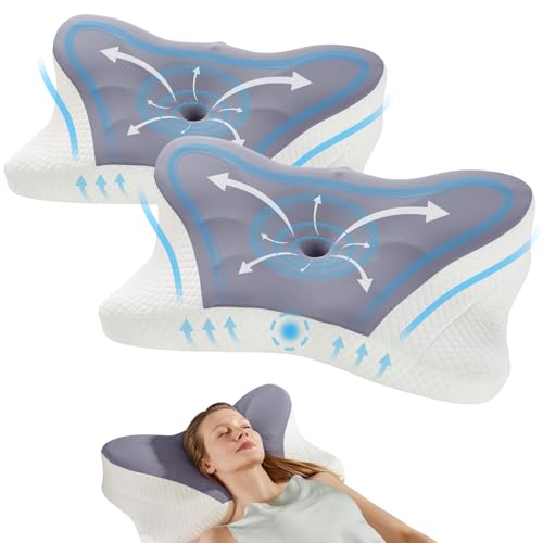 OLIXIS Set of 2 Ergonomic Cervical Pillows, Cooling Memory Foam Contour Pillow, Neck Support Pillow for Side Back Stomach Sleepers with Washable Ice Silk Cover, Queen Size, Dark Gray - color: Dark Grey, size: Queen Size 2 Pack
