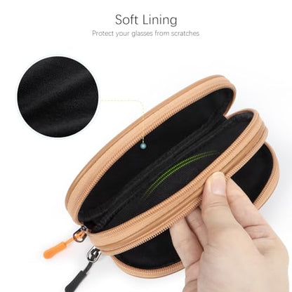 Double Eyeglasses Case Soft Portable Zipper Sunglasses Pouch with Keychain Clip for Men Women - color: Brown Pu