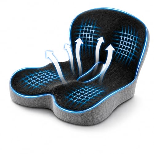 Seat Cushion Memory Foam with Ergonomic L-Shaped Extra Wide Support for Lower Back Relief, Comfort Cushion for Office Chair, Car Seat & Gaming Seat, Helps Sciatica Pain, Posture Improvement (Gray)