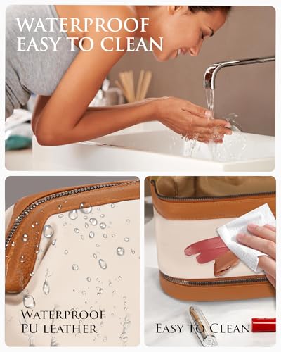 Double-Layer Toiletry Bag, Water-Resistant Hybrid Leather Cosmetic Organizer with Wet/Dry Compartments, 26x15x16cm (Ivory, Double layer) - color: Ivory