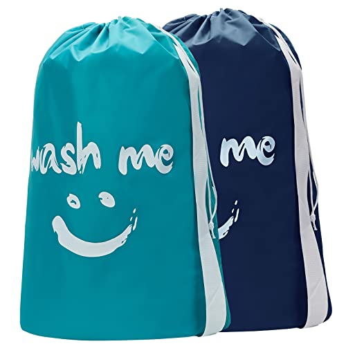 HOMEST 2 Pack XL Wash Me Travel Laundry Bag with Strap, Dirty Garments Organizer, Large Enough to Hold 4 Loads of Clothes, Easy Fit a Hamper or Clothing Basket, Sky Blue and Blue - color: (Ⅲ- With strap )Blue& Sky Blue