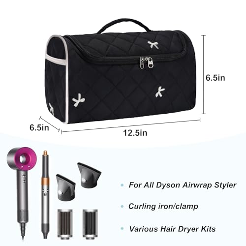 Quilted Hair Tools Travel Bag, Cute Portable Organizer Case with Hanging Hook, Compatible with Dyson Airwrap Styler,Hair Curler Accessories - color: White Bow