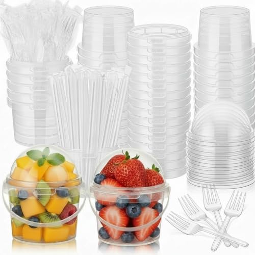 50 Pcs Bucket Cups Bulk Reusable Plastic Drink Buckets with Lids Dome Forks and Straws 16 oz Ice Cream Freezer Food Storage Containers for Popcorn Pail Outdoor Travel Beverage Party Picnic - size: 16 oz