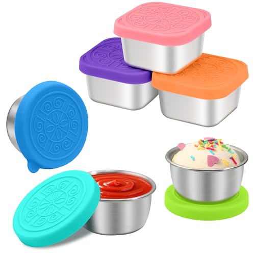 LIEMAND 6PCS Salad Dressing Container to Go, Leakproof Reusable Stainless Steel small container with lid,Sauce Containers for Lunch box,Picnics,Travel,Office and Meal Prep-1.6+2.7 Sets - color: Rainbow, size: 1.6oz Round+2.7oz Square
