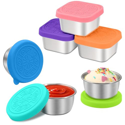 LIEMAND 6PCS Salad Dressing Container to Go, Leakproof Reusable Stainless Steel small container with lid,Sauce Containers for Lunch box,Picnics,Travel,Office and Meal Prep-1.6+2.7 Sets - color: Rainbow, size: 1.6oz Round+2.7oz Square