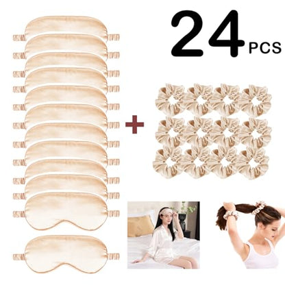 24Pcs Satin Eye Mask Silk Sleep Masks Silky Eyes Cover Blackout Blindfold Eyeshade Scrunchies Hair Ties Travel Wedding Gift - color: Pale Champagne
