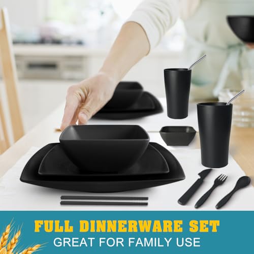 Teivio 88-piece With Flatware Plastic Kitchen Wheat Straw Square Dinnerware Set for 8, Unbreakable Dinner/Salad/Appetizer Plates, Snack Bowls, Dipping Sauce Cups,Tumblers, Dishwasher Safe Dish,Black - color: Black