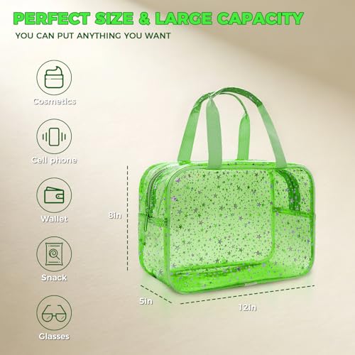 Large Clear Makeup Bag 12x5x8 Green Star Pattern - Waterproof PVC Travel Cosmetic Organizer with Handle, Durable Transparent Toiletry Case for Women Girls Travel Gym Beach Storage - color: Green, style: Star