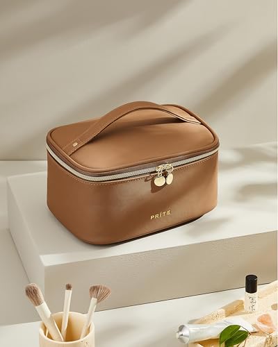 Prite Makeup Bag, Large Capacity Cosmetic Bag for Women and Girls, Waterproof PU Leather Travel Makeup Case, Toiletry Organizer with Handle and Divider for Skincare and Brushes - Brown - color: Brown