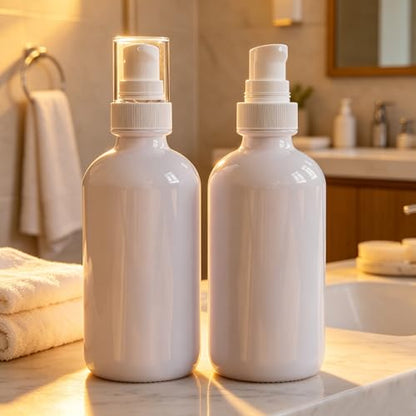 12Pack 4oz White Glass Pump Bottle with Pump Dispenser,120ml Small Dispenser, Travel Size Refillable Botttles for Lotions,Sercums,Essential Oils - color: 4oz White(12pcs)