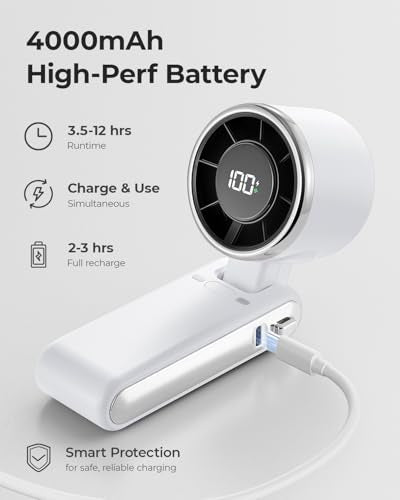 Portable Handheld Turbo Fan - 5 Gear High Speed 4000mAh Rechargeable Mini Personal Hand Fan Blow Cold Air, Battery Operated Travel Essentials, Beach Vacation, Gifts for Women, Men (White) - color: White
