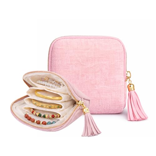 Small Travel Jewelry Pouch for Women, Compact Travel Jewelry Pouch with Layered Storage, Zippered Jewelry Travel Bag for Rings, Earrings, Bracelets, Necklaces (Rose Blush) - color: Rose Blush