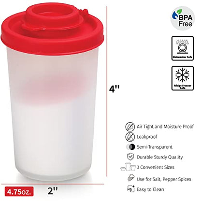 SIGNORAWARE Salt and Pepper Shakers Moisture Proof Set of 2 Large Salt Shaker to go Camping Picnic Outdoors Kitchen Lunch Boxes Travel Spice Set Clear with Red Covers Lids Plastic Airtight Dispenser - size: Large, 2 pack