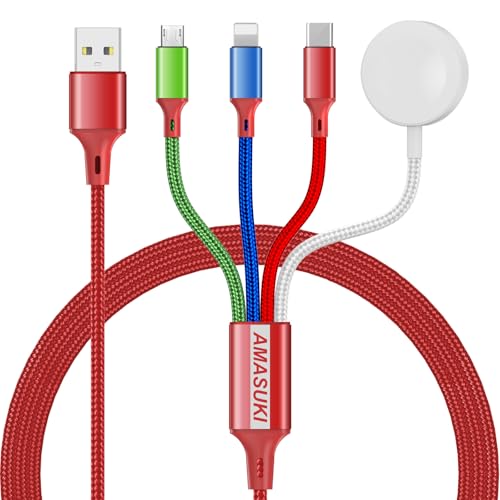 Amasuki Travel Essentials,4 in 1 for Apple Watch Charger/iPhone Charger/Multi Charging Cable,Vacation RV Camping Essentials,USB C/L/Micro Portable Charger for iWatch 11-1/iPhone 17-12,Car&Gift-Red - color: Red, size: 4FT