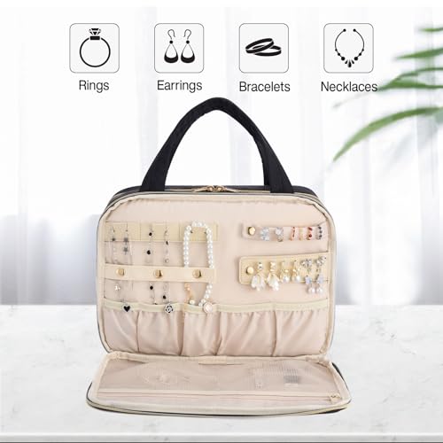 Hanke Hanging Travel Toiletry Bag for Women with Jewelry Organizer Compartment, Travel Essentials Toiletries and Makeup Bag, Water-Resistant & Stain-Resistant with Trolley Strap (Black) - color: Black