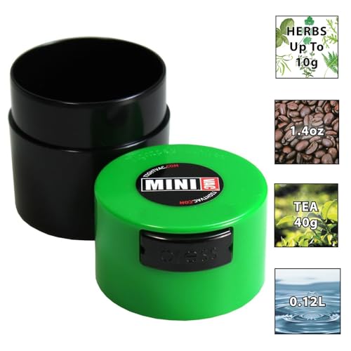Minivac - 10g to 30 grams Airtight Multi-Use Vacuum Seal Portable Storage Container for Dry Goods, Food, and Herbs - Green Cap & Black Body